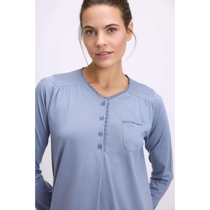 Modal Uzun Kollu Düğmeli Gecelik