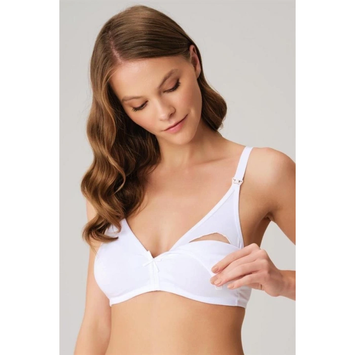 Pamuklu Balensiz Lohusa Önden Açılan Beyaz Emzirme Sütyeni