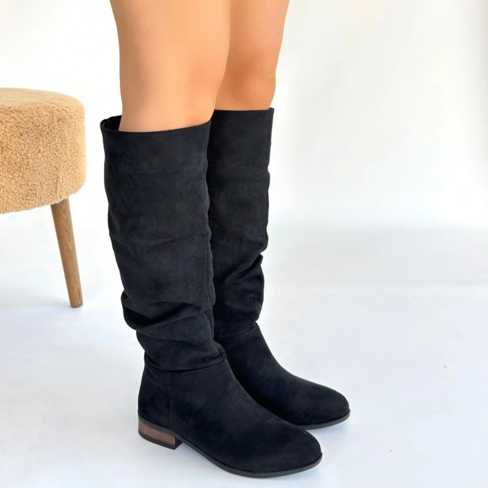 Pem Winda Siyah Süet Körüklü Çizme