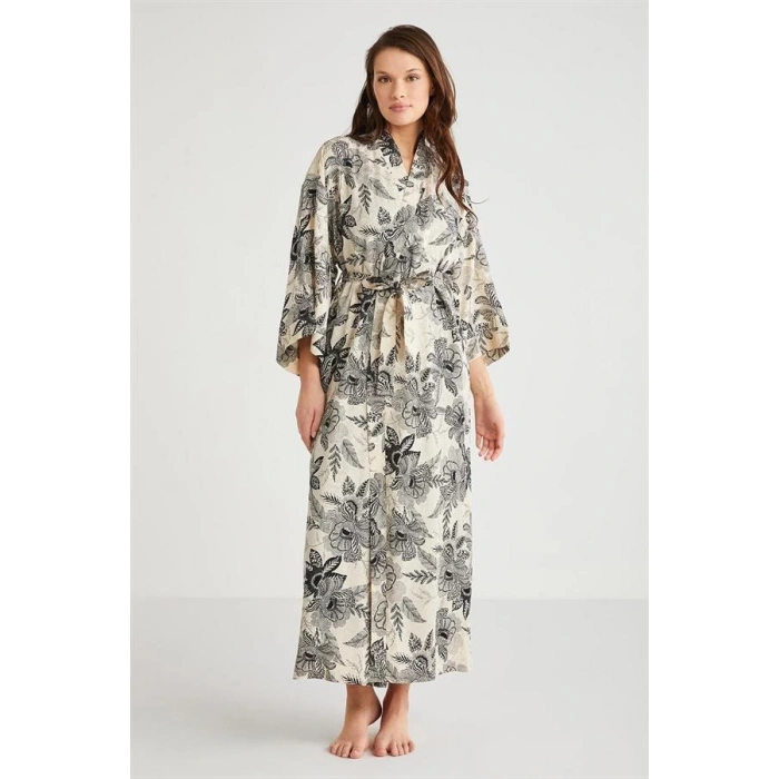 Penye Mood %100  Viskon Çiçek Desen 2li Sabahlık Gecelik Takımı