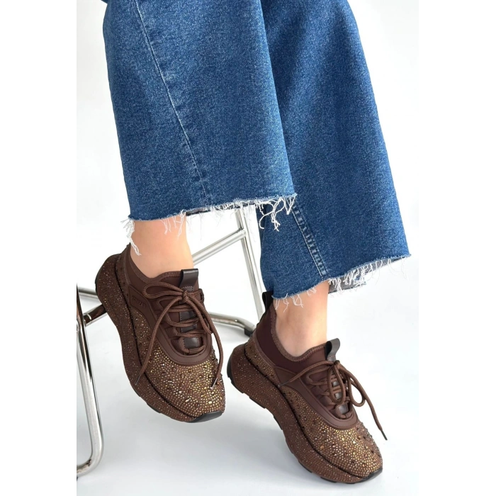 Rimay Kahverengi Cilt Boncuk İşlemeli Spor Ayakkabı