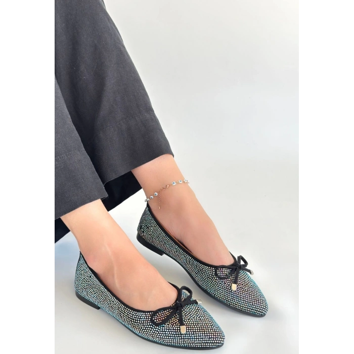 Sarra Siyah Saten İşlemeli Babet Ayakkabı