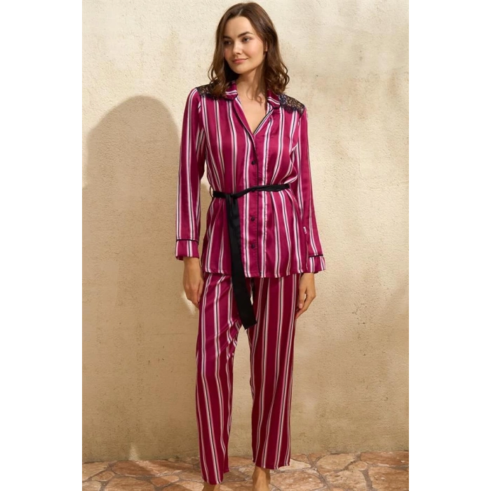 Saten Çizgili Düğmeli Uzun Kol Dantelli Gömlek ve Pantolon Pijama Takım