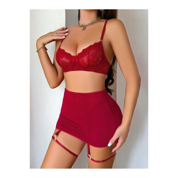 Transparan Kırmızı Dantel İşlemeli Fantezi Bacak Bantlı Etekli Jartiyer Takımı