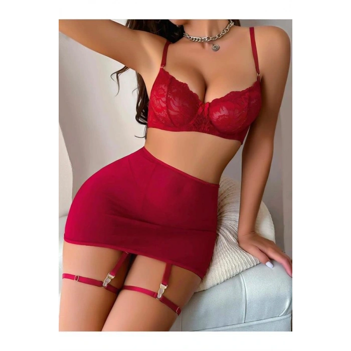 Transparan Kırmızı Dantel İşlemeli Fantezi Bacak Bantlı Etekli Jartiyer Takımı