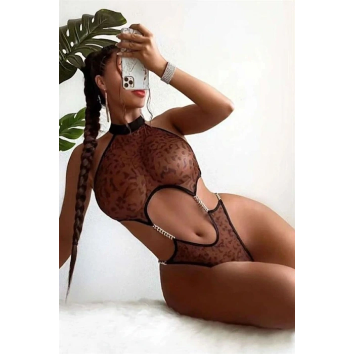 Transparan Leopar Desenli Zincir Detaylı Fantezi Body