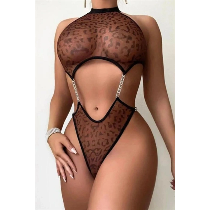 Transparan Leopar Desenli Zincir Detaylı Fantezi Body