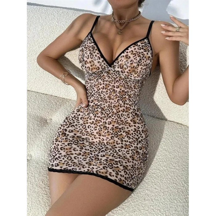 Transparan Leopar Tül Arkası Çapraz İpli Fantezi Gecelik