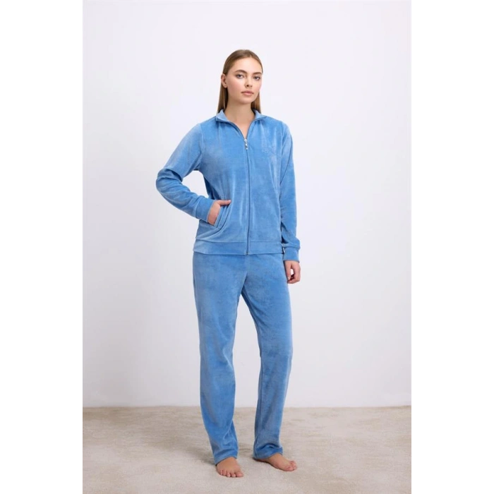 Uzun Kollu Fermuarlı Kadife Sweatshirt ve Pantolon Pijama Takımı