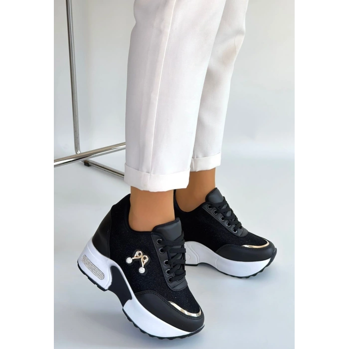 Wody Siyah Cilt Simli Bağcıklı Spor Ayakkabı