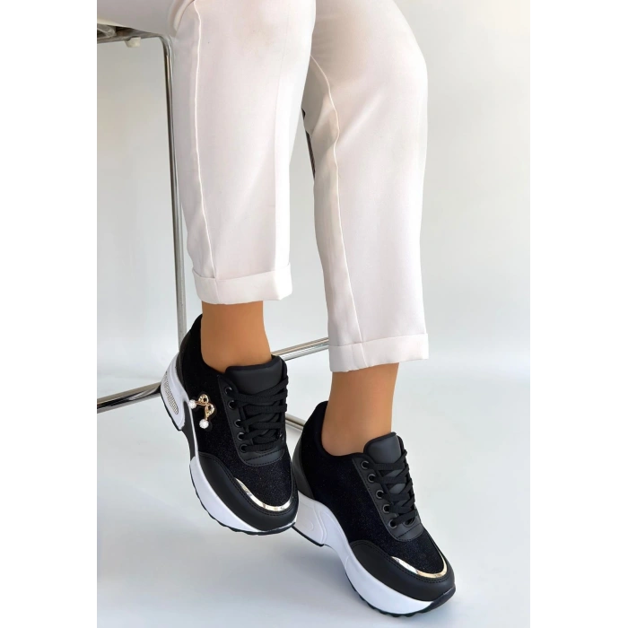 Wody Siyah Cilt Simli Bağcıklı Spor Ayakkabı