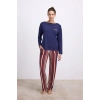 %100 Modal Lacivert Uzun Kollu T-Shirt ve Çizgili Pantolon Takımı