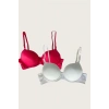 Kırmızı-Beyaz 2li Mikro Kumaş Push Up Dolgulu Balenli Günlük Destekli Sütyen