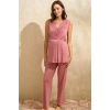 Sıfır Kol V Yaka Kadın Viskon Düz Yazlık Uzun Dantel Detaylı Hamile Pijama Takımı Sabahlık