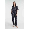 Yarım Kollu V Yaka Kadın Viskon Çiçek Desenli Yazlık Dokuma Dantel Detaylı Pijama Takımı