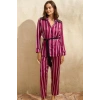 Saten Çizgili Düğmeli Uzun Kol Dantelli Gömlek ve Pantolon Pijama Takım