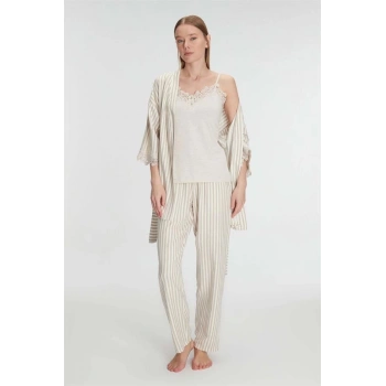 11215 Kadın Sabahlık Atlet Pantolon Takım 3lü Pamuklu Gecelik Set