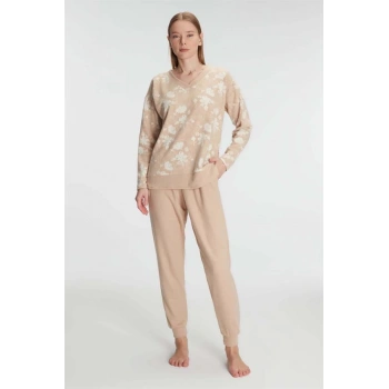 Jakarlı Uzun Kol V Yaka Pijama Takımı