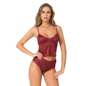 Bordo Jakarlı Babydoll Şort Takımı