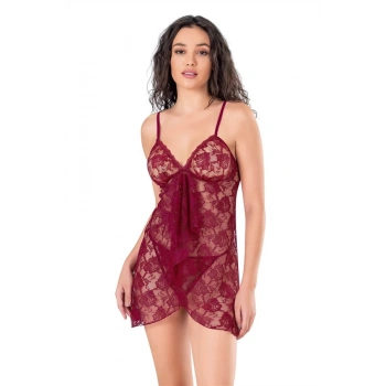 Bordo Kısa Tül Gecelik