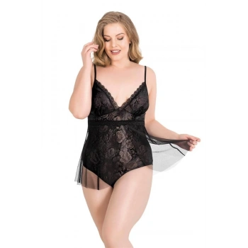 Büyük Beden Siyah Bodysuit Jakarlı Gecelik