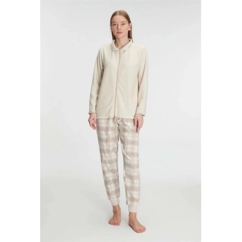 Fermuarlı Uzun Kol Sweatshirt Pantolon Takım Viskon ve Pamuklu Pijama Takımı