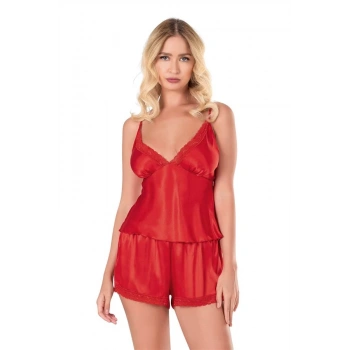 Kırmızı Saten Babydoll Şort Takımı