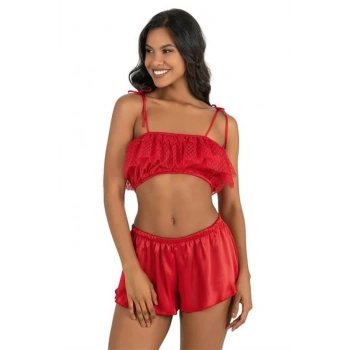 Kırmızı Saten Şort Takımı 9206