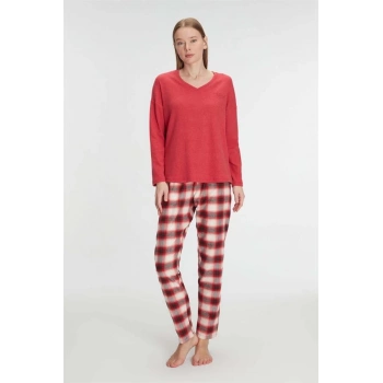 Pamuklu Kışlık Kare Desenli Uzun Kol Pijama Takımı