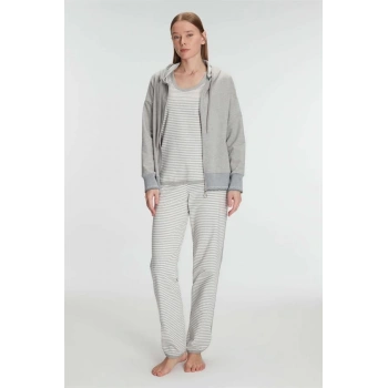 Pamuklu Uzun Kol Fermuarlı Swearshirt Sıfır Kol T-Shirt ve Pantolon Pijama Takım