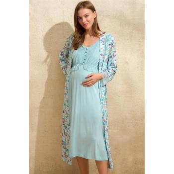 Sıfır Kol V Yaka Viskon Çiçek Desenli Yazlık Uzun Dantel Detaylı Hamile Gecelik Sabahlık