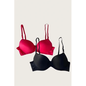 Siyah-Kırmızı 2li Mikro Kumaş Push Up Dolgulu Balenli Günlük Destekli Sütyen
