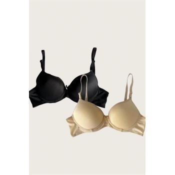 Siyah-Ten 2li Mikro Kumaş Push Up Dolgulu Balenli Günlük Destekli Sütyen