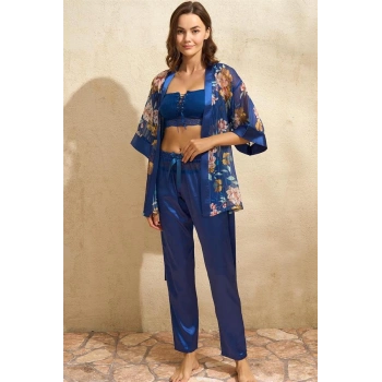 Tül Çiçek Baskılı Sabahlık Balensiz Desteksiz Dolgusuz Dantelli Büstiyer Sütyen ve Saten Pantolon Pijama 3lü Takım