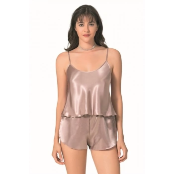 Vizon Saten Babydoll Şort Takımı