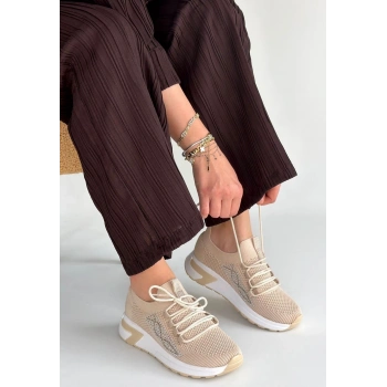 Belan Bej Triko Bağcıklı Spor Ayakkabı