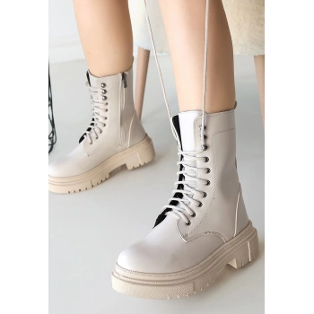 Caxa Bej Cilt Bağcıklı Bot