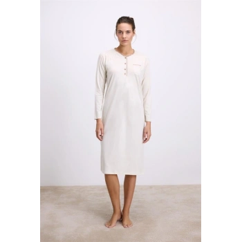 Fil Dişi Modal Uzun Kollu Düğmeli Gecelik