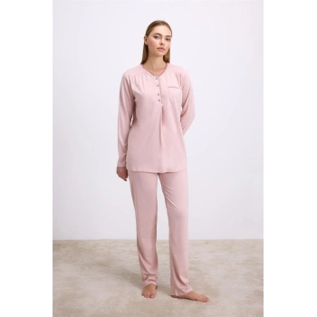 Gül Kurusu Modal Pamuklu Uzun Kollu Düğmeli 2li Pijama Takımı