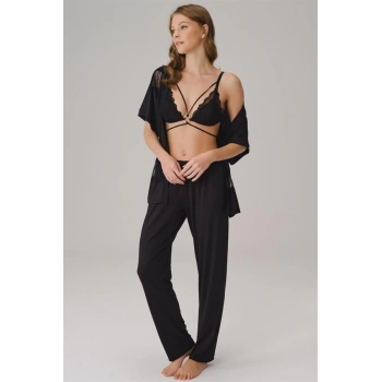 İp Askılı V Yaka Düz Yazlık Uzun Dantel Detaylı Pijama Takımı Sabahlık