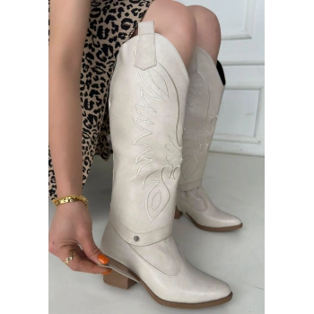 Jilla Bej Cilt Tak Çıkar Topuklu Bot Ve Çizme