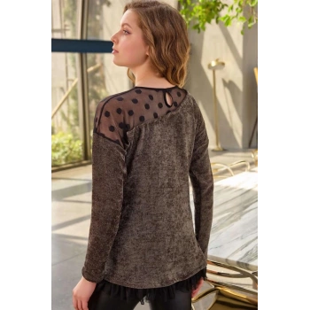 Kadın Puantiyeli Tüllü Uzun Kollu Sweatshirt ve Deri Görünümlü Tayt Takım (9739)