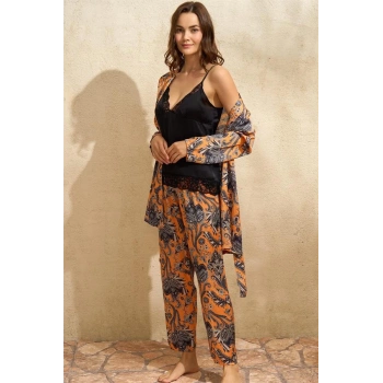 Kadın Saten Çiçek Baskılı Sabahlık Dantelli Atlet ve Pantolon Pijama 3lü Takım (5621)