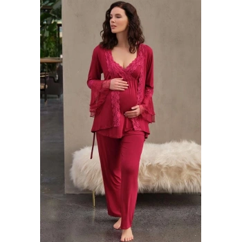 Kadın Viskon Hamile Lohusa Dantelli Sabahlık Önden Açılan Emzirme T-Shirt ve Pantolon Pijama 3lü Takım (5648)