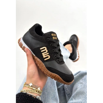 Marje Siyah Cilt Bağcıklı Spor Ayakkabı