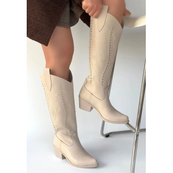 Meof Bej Cilt Topuklu Çizme