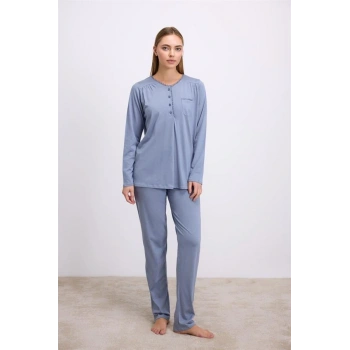 Modal Pamuklu Uzun Kollu Düğmeli 2li Pijama Takımı