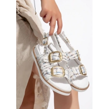 Olira Beyaz Simli Kemerli Sandalet