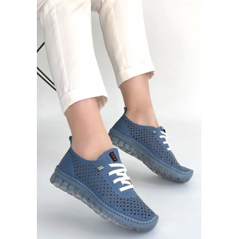 Otja Mavi Deri Lazerli Bağcıklı Spor Ayakkabı