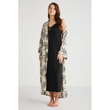 Penye Mood %100  Viskon Çiçek Desen 2li Sabahlık Gecelik Takımı